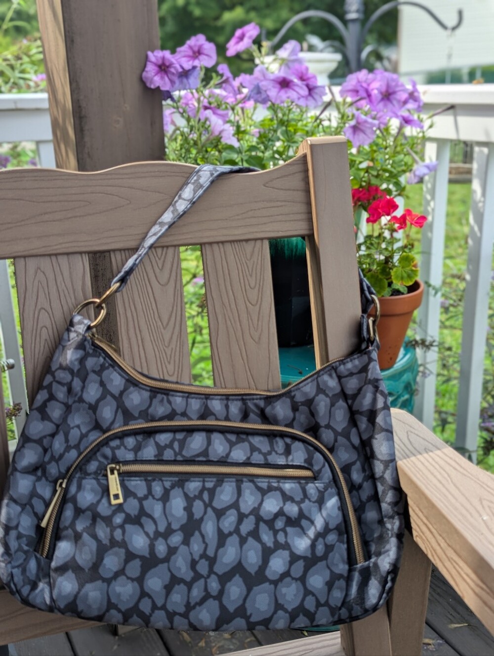 Travelon Gray Leopard-Print Hobo Shoulder Bag with Gold Accents
